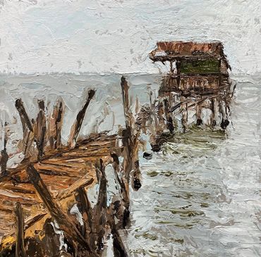 contemporary heavy bodied oil painting depicting a dilapidated pier.