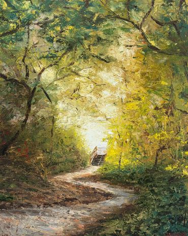 Sunlit forest path leading to wooden stairs surrounded by lush greenery.
