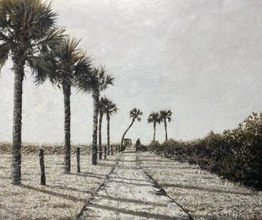sepia tone large oil painting of a beach access with a line of palm trees.