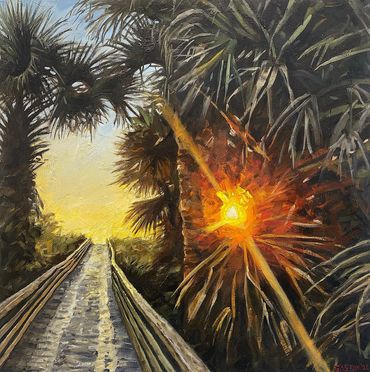 oil painting of a sunrise on the beach with a boardwalk