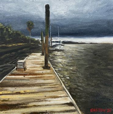 oil painting of a dock in stormy weather
