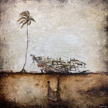 oil painting of a rotten boat on island with a single palm tree
