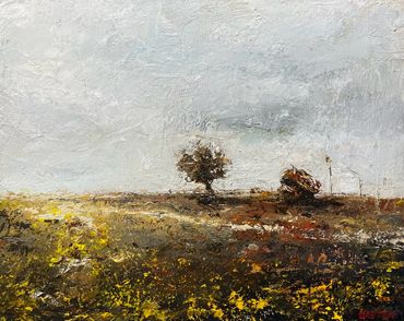 oil painting of a farmhouse in a field of flowers executed in a impressionistic style