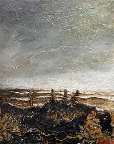oil painting of  groins stretching out to the sea.