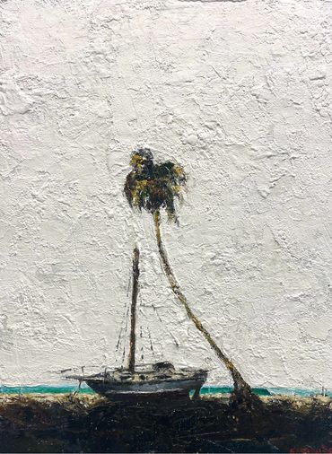 Fine Art oil painting of a crashed sailboat underneath a palm tree