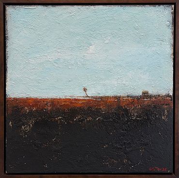 Abstract landscape painting with textured earth and sky in contrasting colors.
