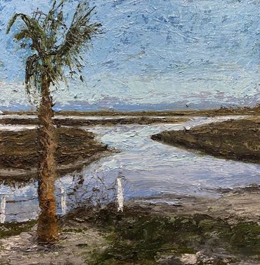 oil painting of a landing by the inlet.