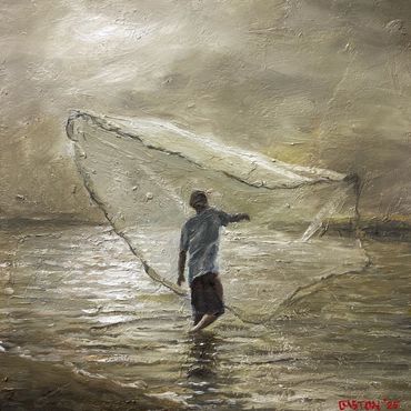 oil painting of a guy throwing a cast net