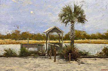 beautiful oil painting of a dock on the inlet in Pawleys Island, South Carolina