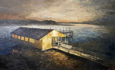 oil painting of a fishing wharf at dusk.