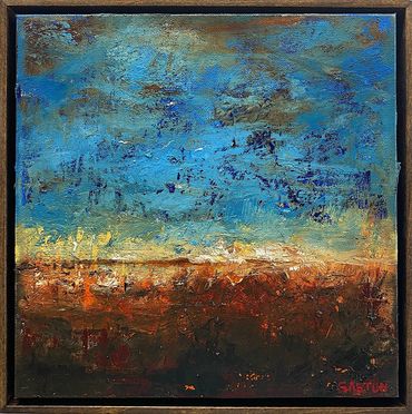 Abstract landscape painting with vibrant blue sky and textured earth tones.