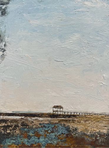 oil painting of a pier with tide pools