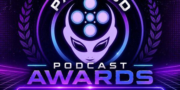 Neon-themed logo featuring an alien head with film reels for the Podcast Awards.