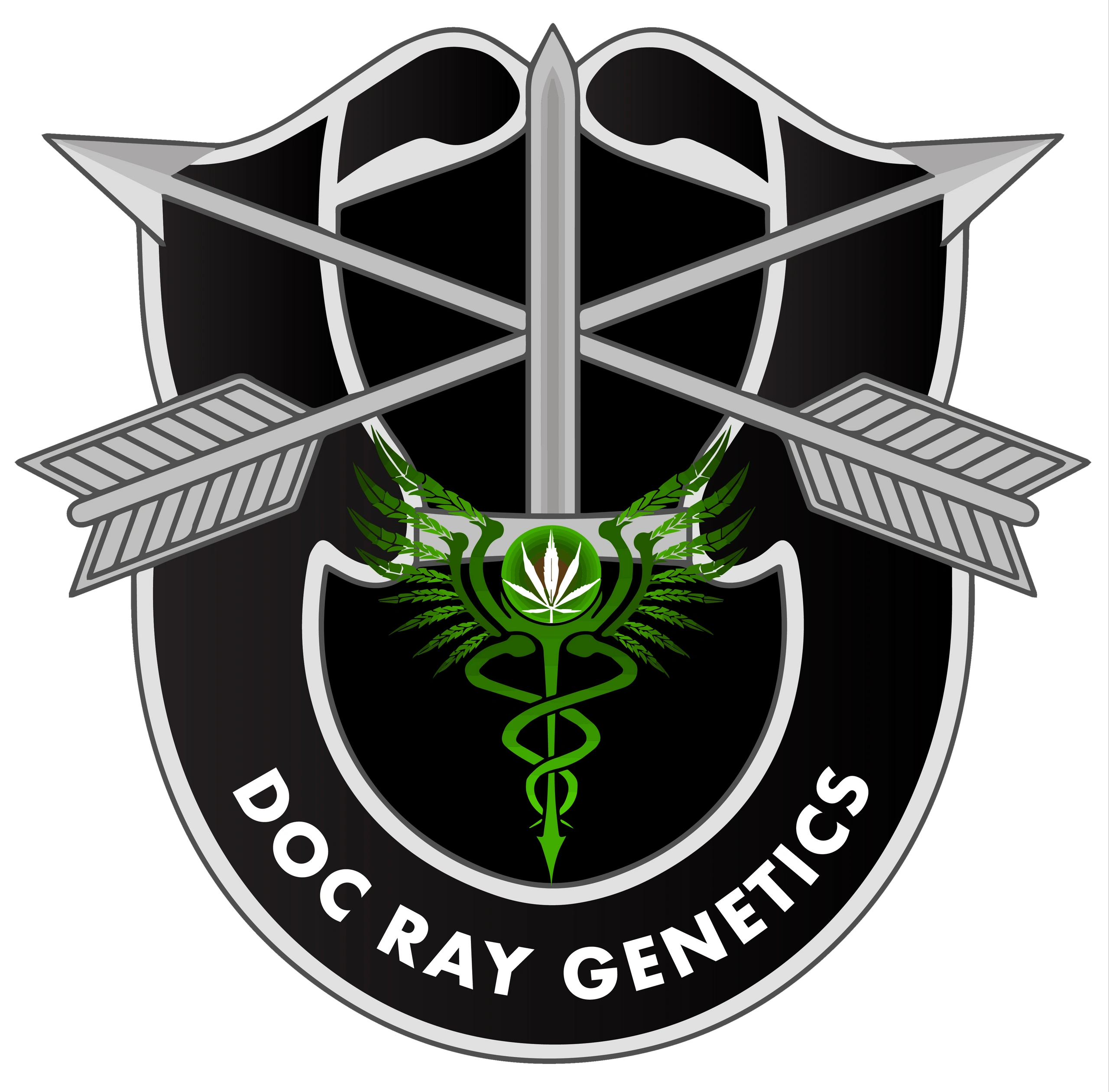 Doc Ray Genetics Logo is a meshing of his lifes paths between his military service and mother Ganja