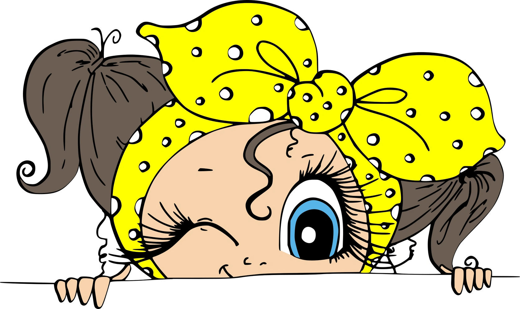 Cartoon girl with a yellow polka dot headscarf winking playfully.