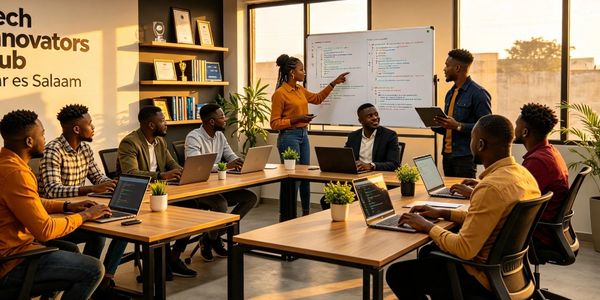 Team meeting at Tech Innovators Hub in Dar es Salaam.