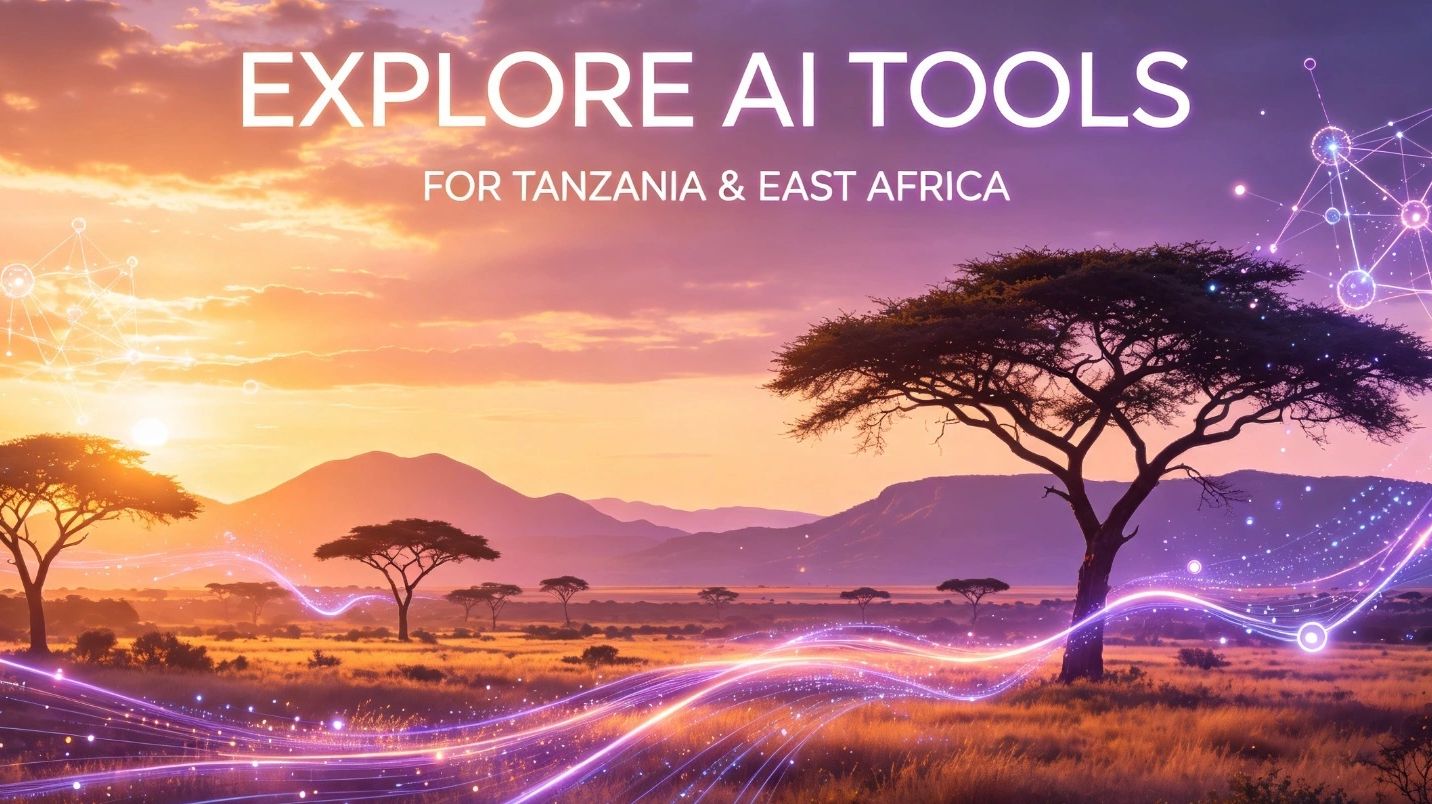 Explore AI tools for Tanzania and East Africa with sunset landscape.