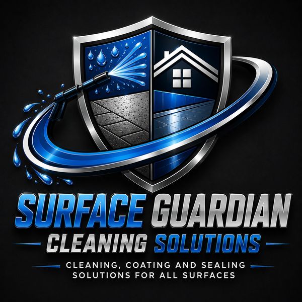 Logo of Surface Guardian Cleaning Solutions with water spray and shield design.
