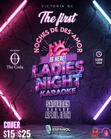 Flyer for Ladies Night Karaoke event in Victoria BC with neon lights and heart graphic.