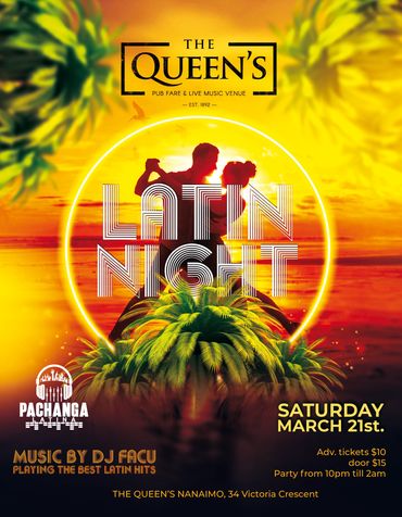 Latin Night event poster with vibrant sunset and dancing couple.