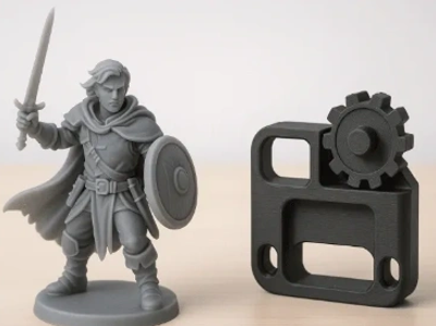 3D printed miniature of a warrior and a mechanical gear piece.