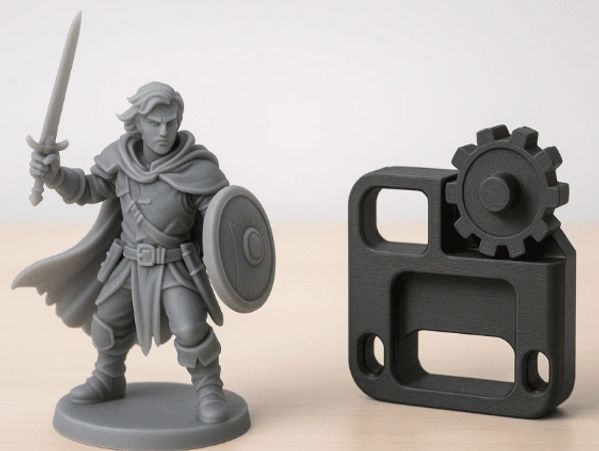 A 3d printed figurine of a warrior and a black mechanical gear piece.
