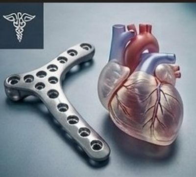 A metal plate next to a heart model.