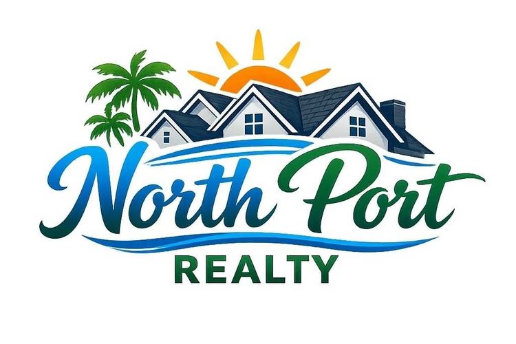 Logo of North Port Realty with house roofs, sun, and palm trees.