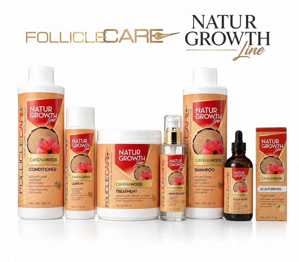 Natur Growth Line hair care products with CayenaWood for moisture repair.