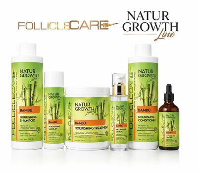 Natur Growth Line hair care products including shampoo, conditioner, and nourishing treatment.