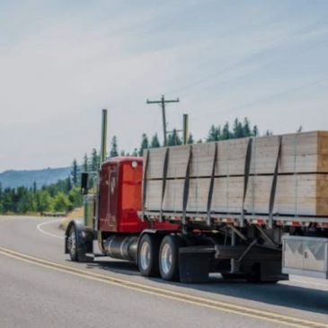 A red semi-truck hauling a large load of wooden planks on a highway.