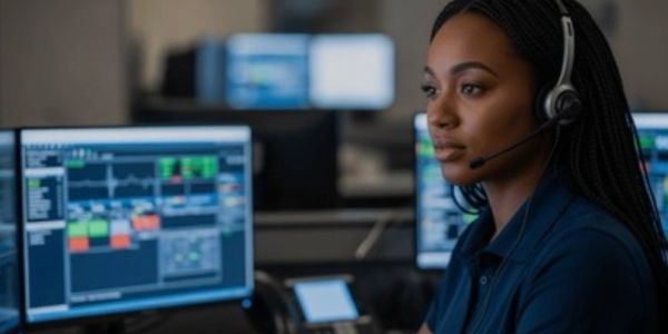 A focused woman wearing a headset monitors multiple computer screens.