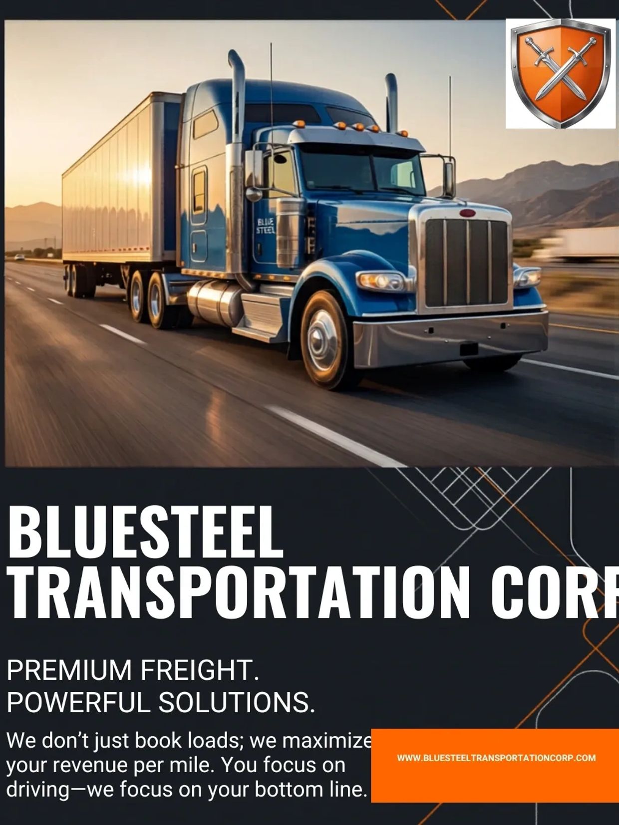 BlueSteel Transportation Corp blue truck on highway at sunset.