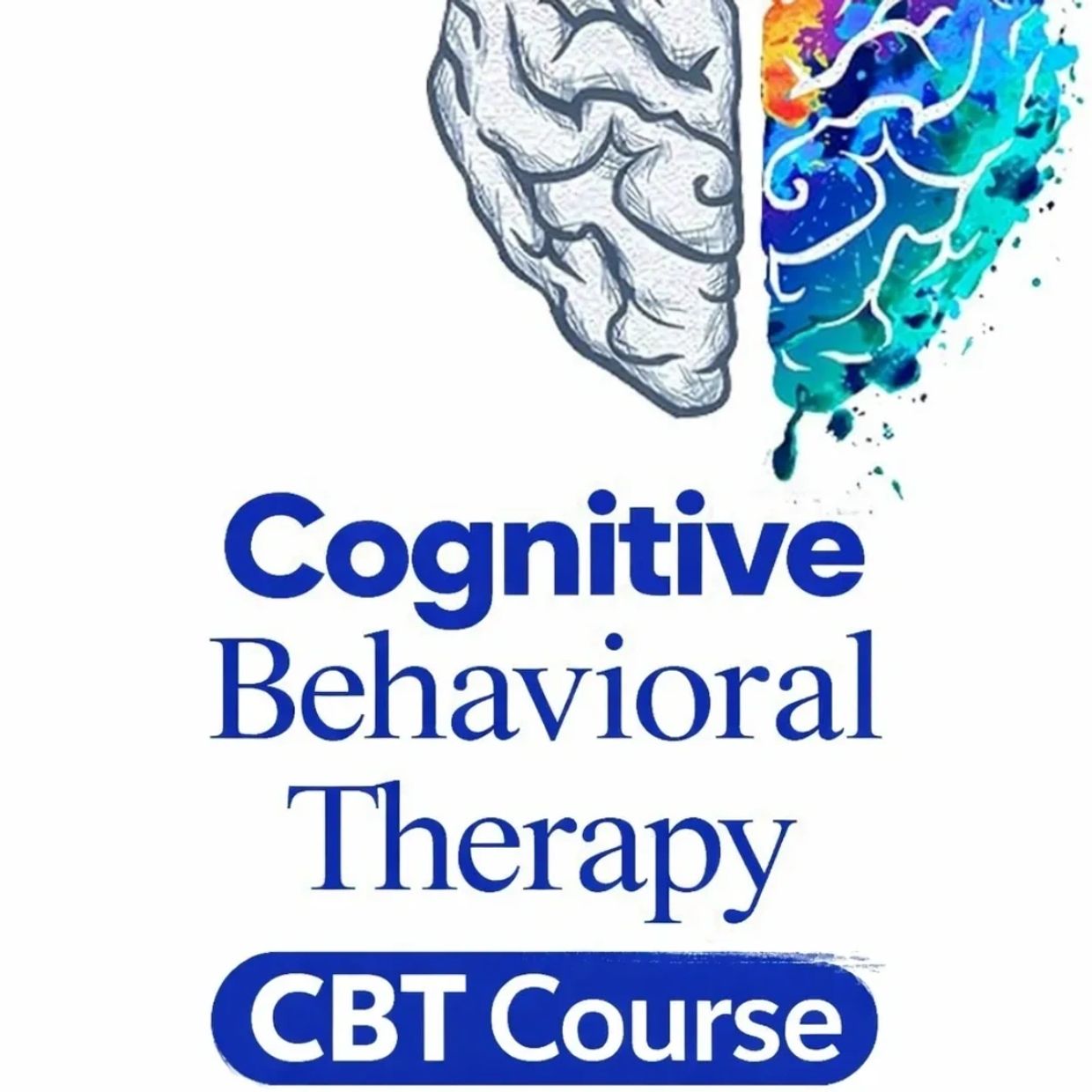 Cognitive Behavioral Therapy CBT Course with colorful brain illustration.
