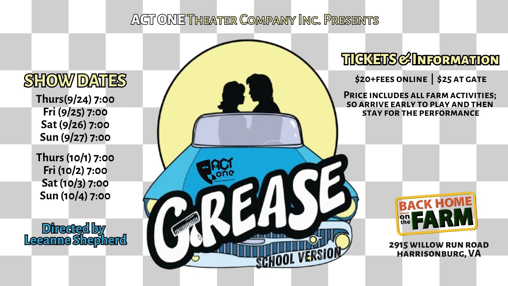 Poster for Act One Theater's Grease school version with show dates and ticket info.