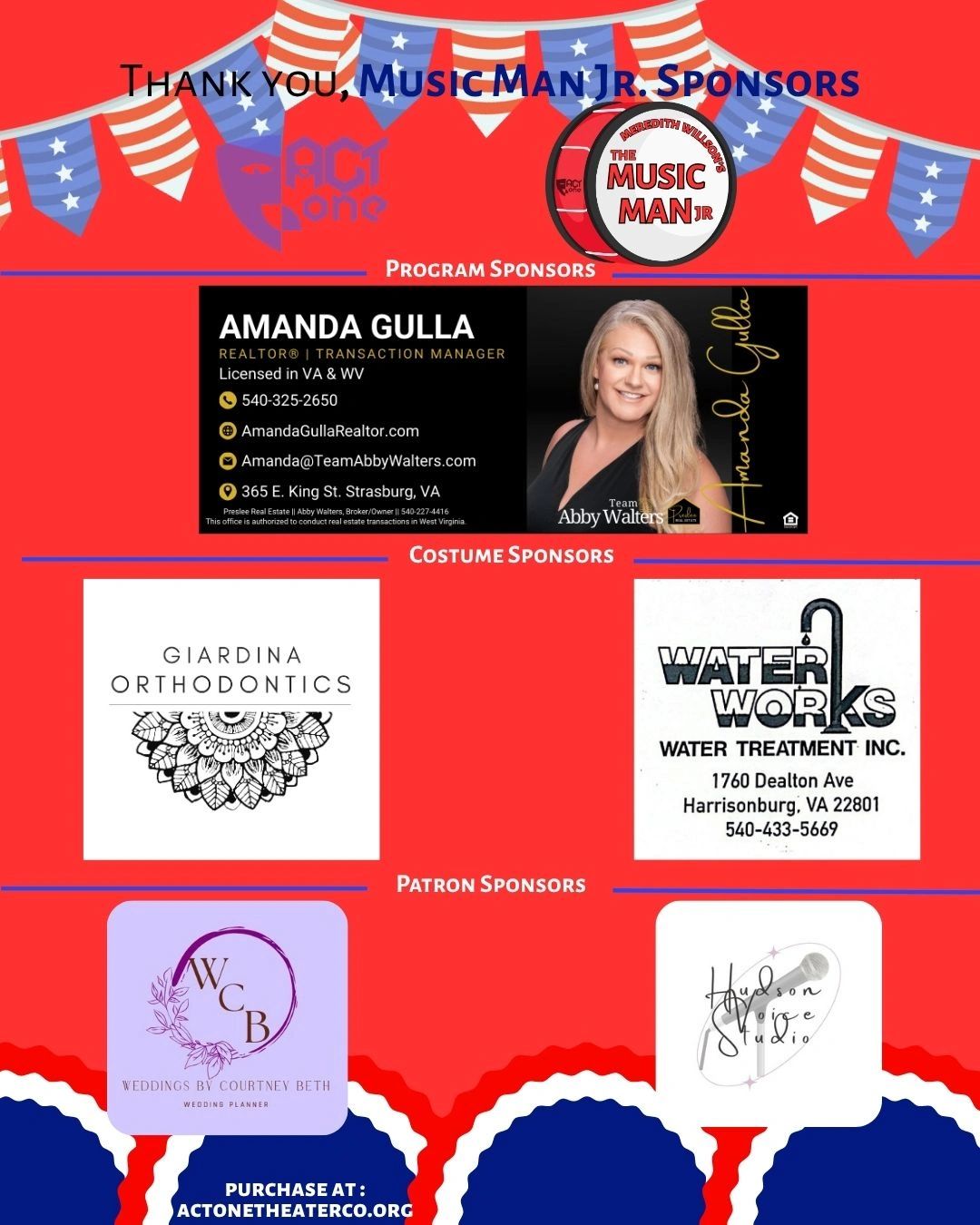Thank you to Music Man Jr. sponsors including Amanda Gulla, Giardina Orthodontics, Water Works, Weddings by Courtney Beth, and Hudson Voice Studio.