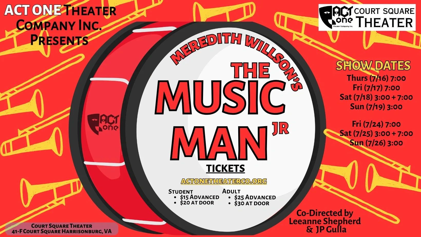Poster for Meredith Willson's The Music Man Jr. at Act One Theater in Harrisonburg, VA.