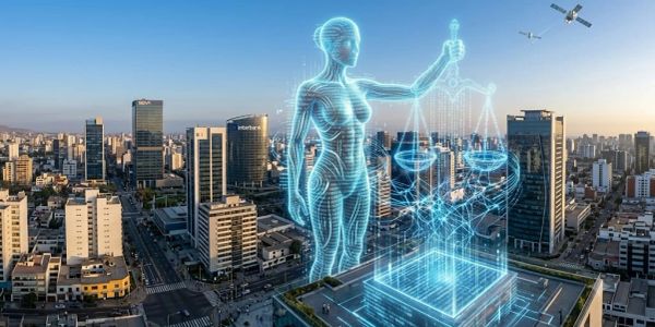 Holographic Lady Justice figure with scales over a cityscape at sunset.