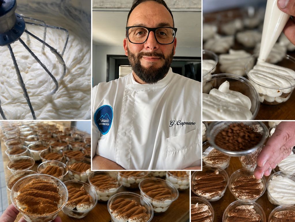 Chef prepares and decorates tiramisu desserts in cups with cocoa powder.