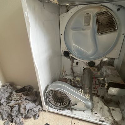 Open dryer showing lint buildup and removed lint filter.