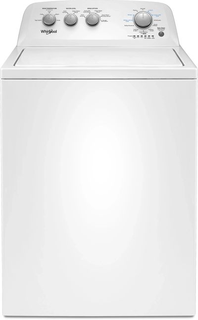White Whirlpool top-load washing machine with control knobs.
