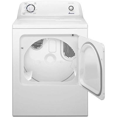 White front-load clothes dryer with open door and control panel.