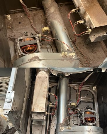 Dirty dryer with a lot of built up lint before and after clean out