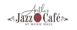 Logo for Aretha's Jazz Café at Music Hall featuring elegant typography and a red jazz emblem.