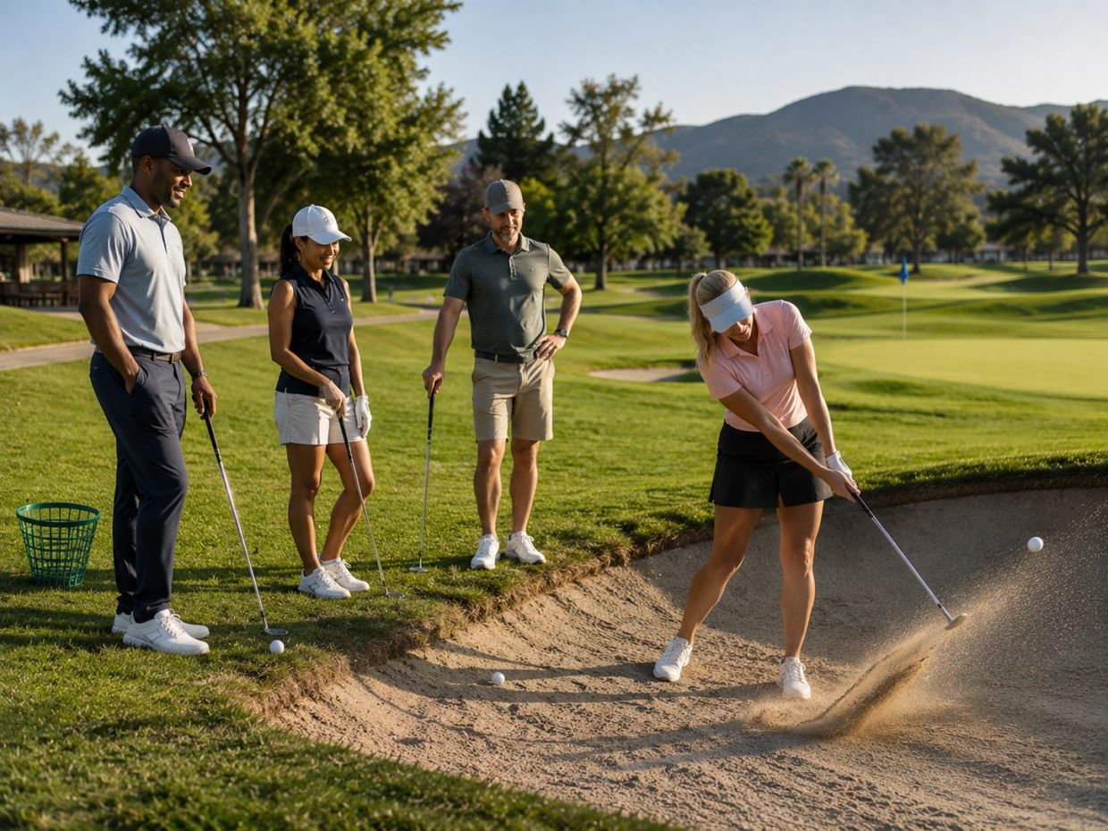 Group playing golf with one woman hitting from a sand bunker.