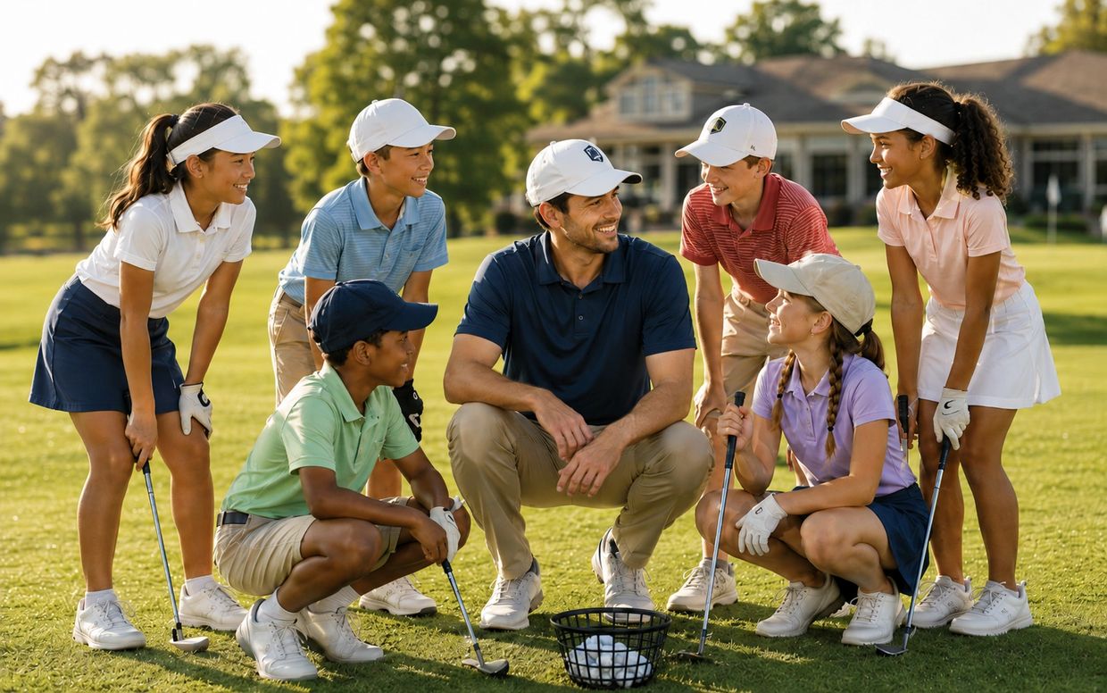 Golf coach teaching a group of kids on the course.