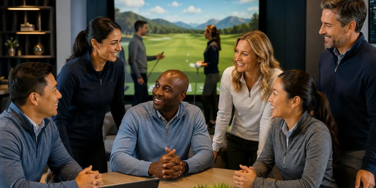 Group of colleagues happily chatting in a golf simulation room.
