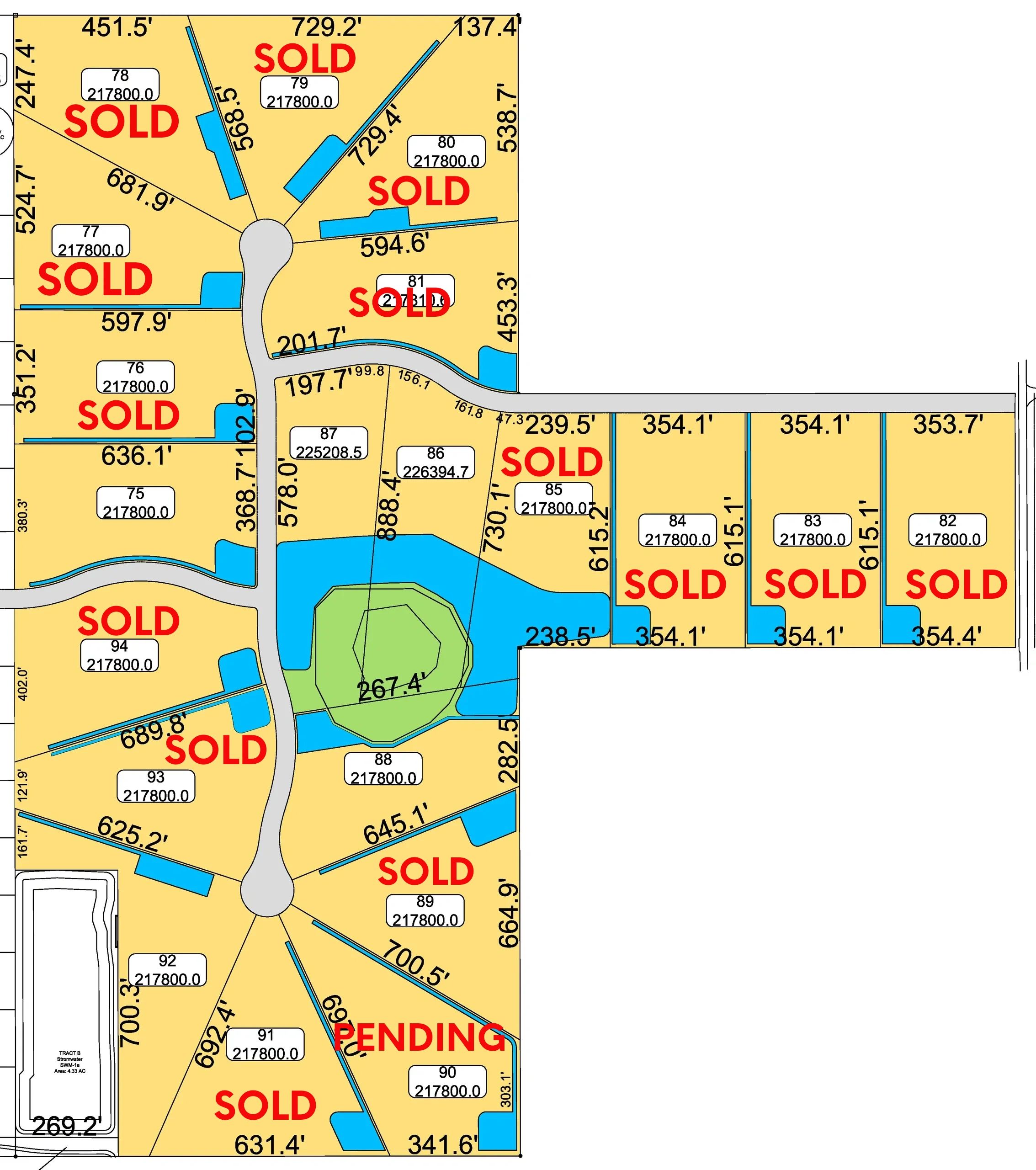 Map showing lot status with sold and pending labels.