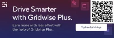 Advertisement for Gridwise Plus offering smarter driving with 14-day free trial.