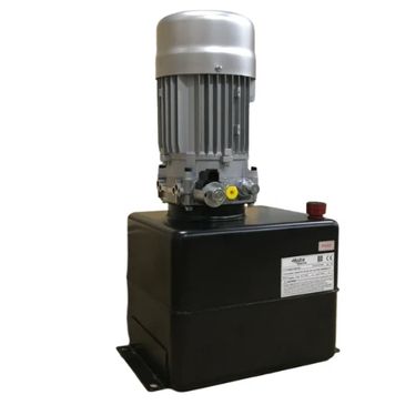 Industrial hydraulic power unit with electric motor and pump.